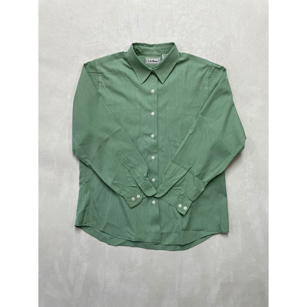 LL Bean Womens Medium Green Micro Stripe Button Down Utility Shirt 0 FK07